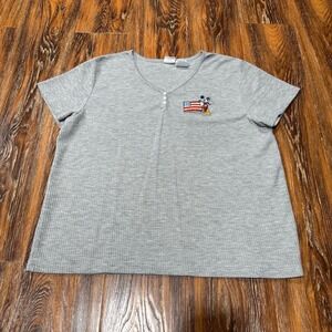 Disney Mickey Mouse American Flag Graphic T Shirt Women's Size L Grey V Neck‎